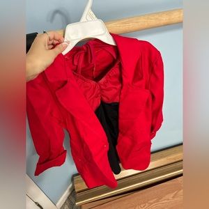 Red jacket dance costume with red and black halter romper